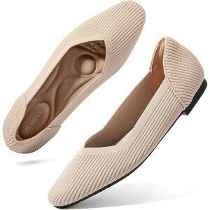 Zelaprox Women's Beige Fabric Round Toe Slip on Ballet Flats with Memory Foam